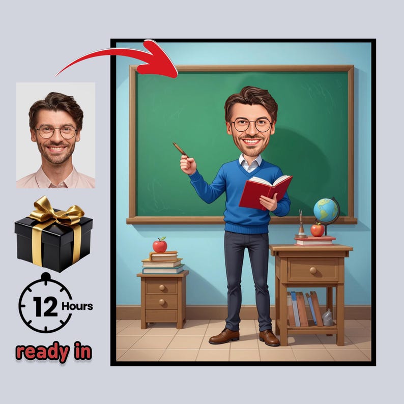 May include: A cartoon illustration of a teacher in a classroom setting. The teacher, wearing glasses and a blue sweater, holds a book and pointer. A gift box with a gold bow and the text "ready in 12 hours" are also shown.