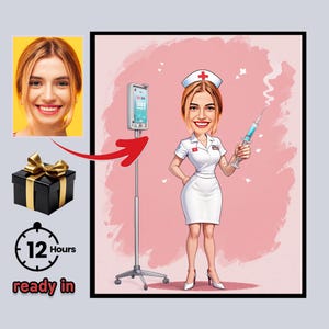 Custom Female Nurse Caricature from Photo – Personalized Cartoon Portrait, Funny Nurse Drawing, Unique Gift for Nurse