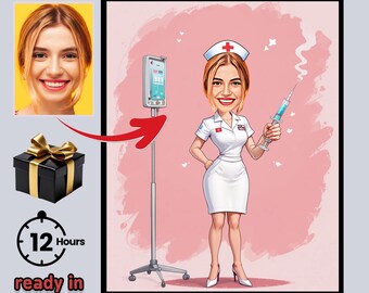 Custom Nurse Cartoon Portrait – Personalized Caricature Gift (Digital Download)