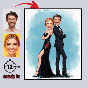 Op de afbeelding: Een ingelijst cartoonportret van een stel, de vrouw in een zwarte jurk met een rode roos, de man in een zwart pak. De achtergrond is een lichtblauw aquareleffect. De afbeelding bevat twee headshots en de tekst "12 Hours ready in."