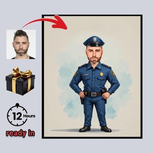 Custom Police Officer Cartoon Portrait – Personalized Caricature Drawing from Photo, Funny Law Enforcement Gift, Digital Police Artwork