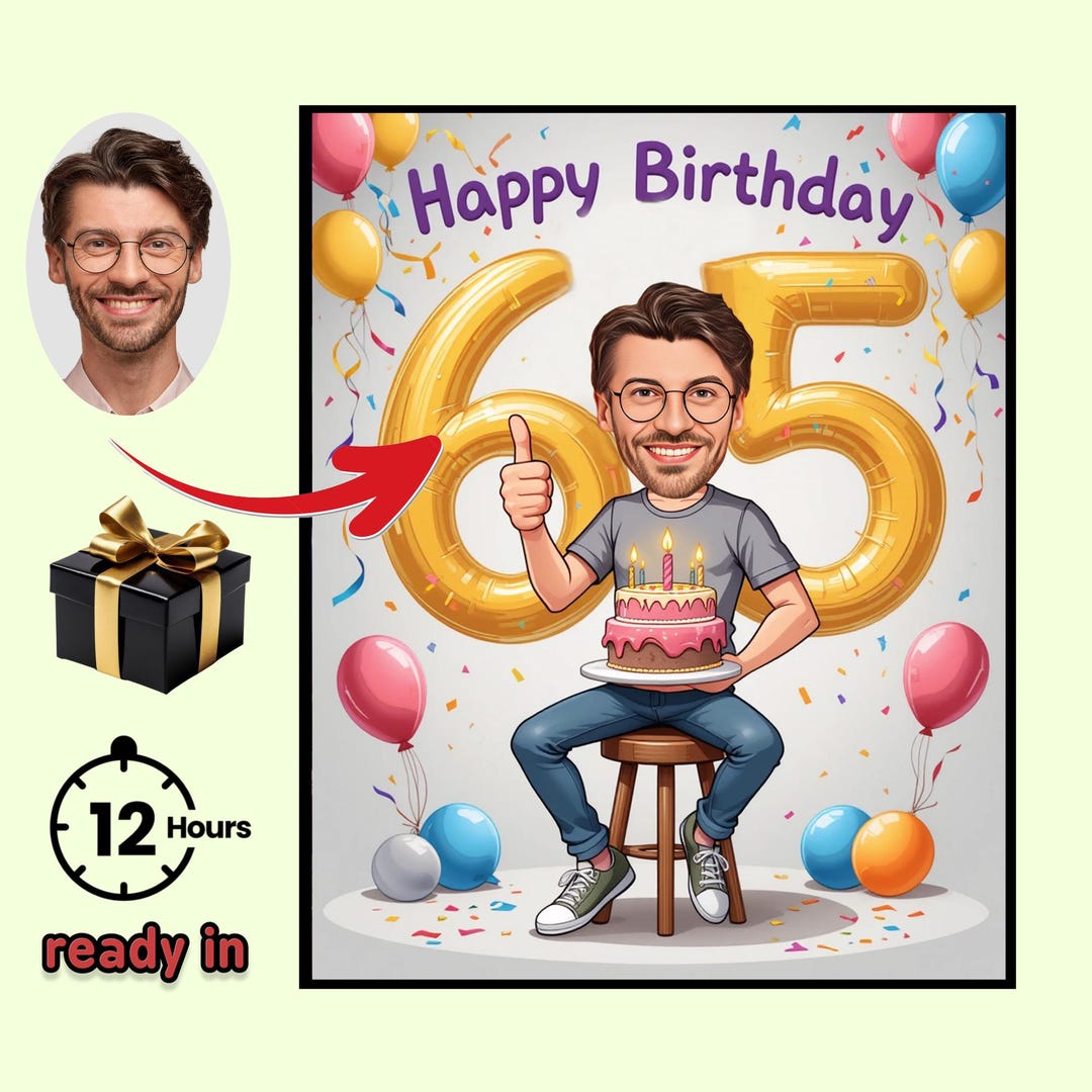 Personalized 65th Birthday Caricature: Custom Cartoon Portrait Gift - Etsy