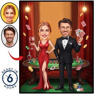 カップルのカスタム似顔絵、ラスベガスのカジノポートレート、ポーカーパーティーギフト（デジタル配信）