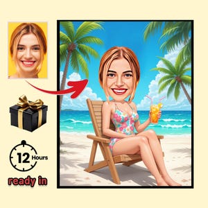 Custom Beach Vacation Caricature for Woman – Personalized Cartoon with Cocktail & Sea View, Birthday or Retirement Gift for Her