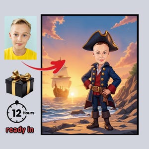 Custom Pirate Boy Caricature – Personalized Captain Portrait from Photo – Fun Gift for Kids