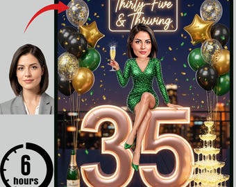 35th Birthday Caricature Portrait for Woman: Funny Digital Art (Digital Download A4 JPEG/PDF)