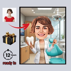 Custom Female Dentist Cartoon Portrait – Personalized Caricature Drawing from Photo, Funny Dentist Illustration, Unique Gift for Dentists