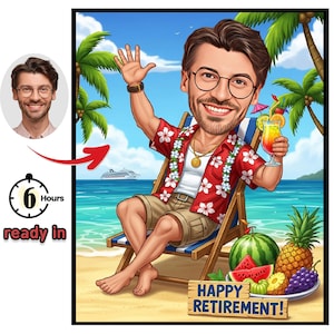 Puede incluir: Ilustración de dibujos animados de un hombre en una playa, saludando y sosteniendo un cóctel. Lleva una camisa roja con flores y gafas de sol, sentado en una silla de playa. Un letrero dice "Happy Retirement!" con fruta y un crucero en el fondo.