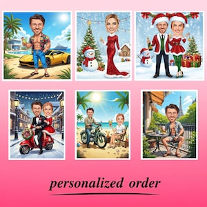 May include: A collection of six cartoon illustrations featuring couples and individuals in various settings. Scenes include tropical vacations, Christmas celebrations, and romantic cityscapes. The phrase "personalized order" is at the bottom.