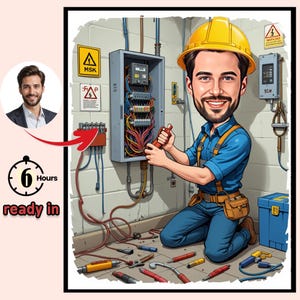 Op de afbeelding: Cartoon illustratie van een elektricien die knielt en aan een elektrisch paneel werkt. De elektricien draagt een gele helm, een blauw werkshirt en een blauwe broek. Gereedschap ligt verspreid op de vloer. De afbeelding bevat een portret en de tekst "ready in 6 hours."