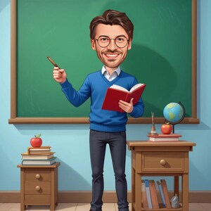 May include: Cartoon illustration of a teacher in a blue sweater, glasses, and holding a red book and pointer. A green chalkboard is behind him. There are two small wooden tables with books, an apple, and a globe.