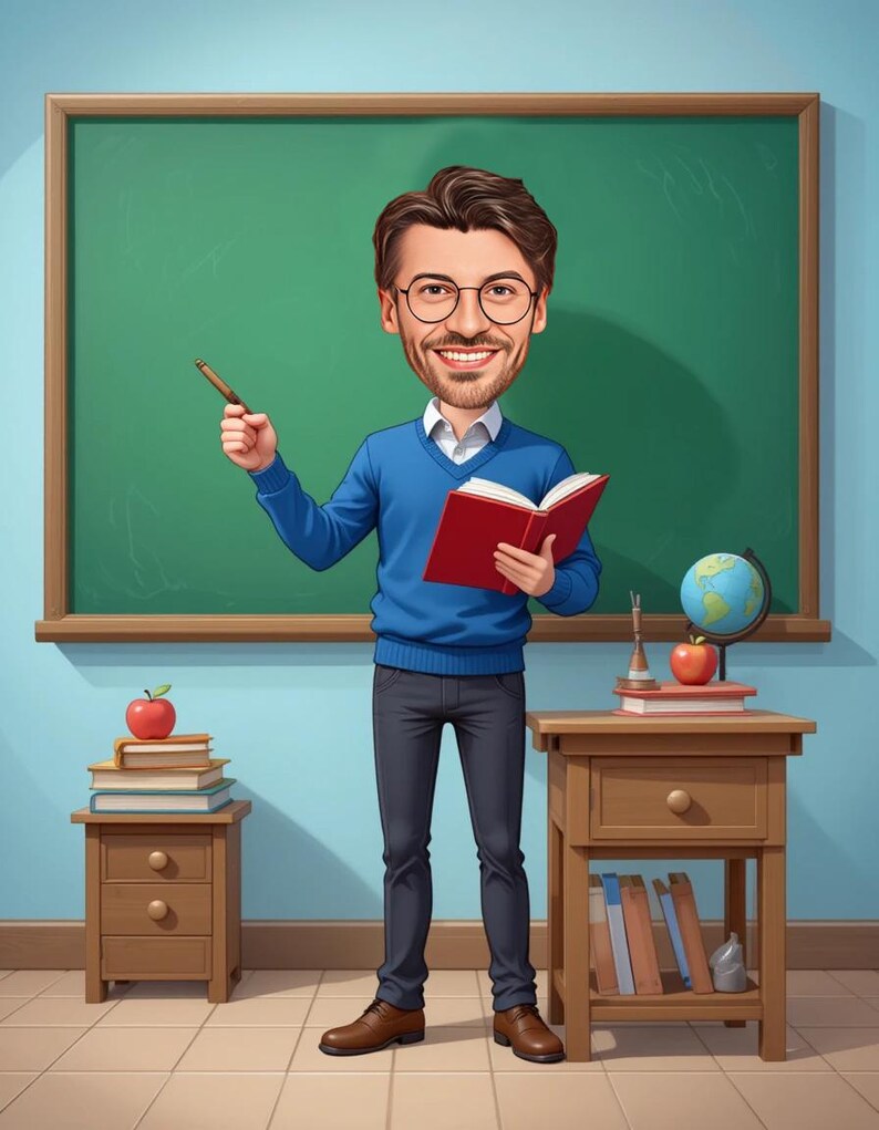 May include: Cartoon illustration of a teacher in a blue sweater, glasses, and holding a red book and pointer. A green chalkboard is behind him. There are two small wooden tables with books, an apple, and a globe.