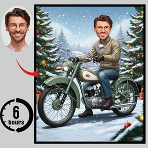 May include: An illustration of a person on a green vintage motorcycle in a snowy winter setting with Christmas trees. The image includes a portrait and a clock graphic indicating a 6-hour timeframe.