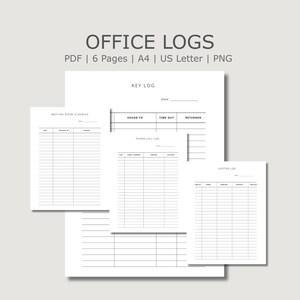 Puede incluir: Un conjunto de registros de oficina imprimibles que incluyen un registro de llaves, horario de salas de reuniones, registro de llamadas telefónicas y registro de visitantes. Documentos en blanco y negro, formatos PDF y PNG, tamaño A4 y US Letter.