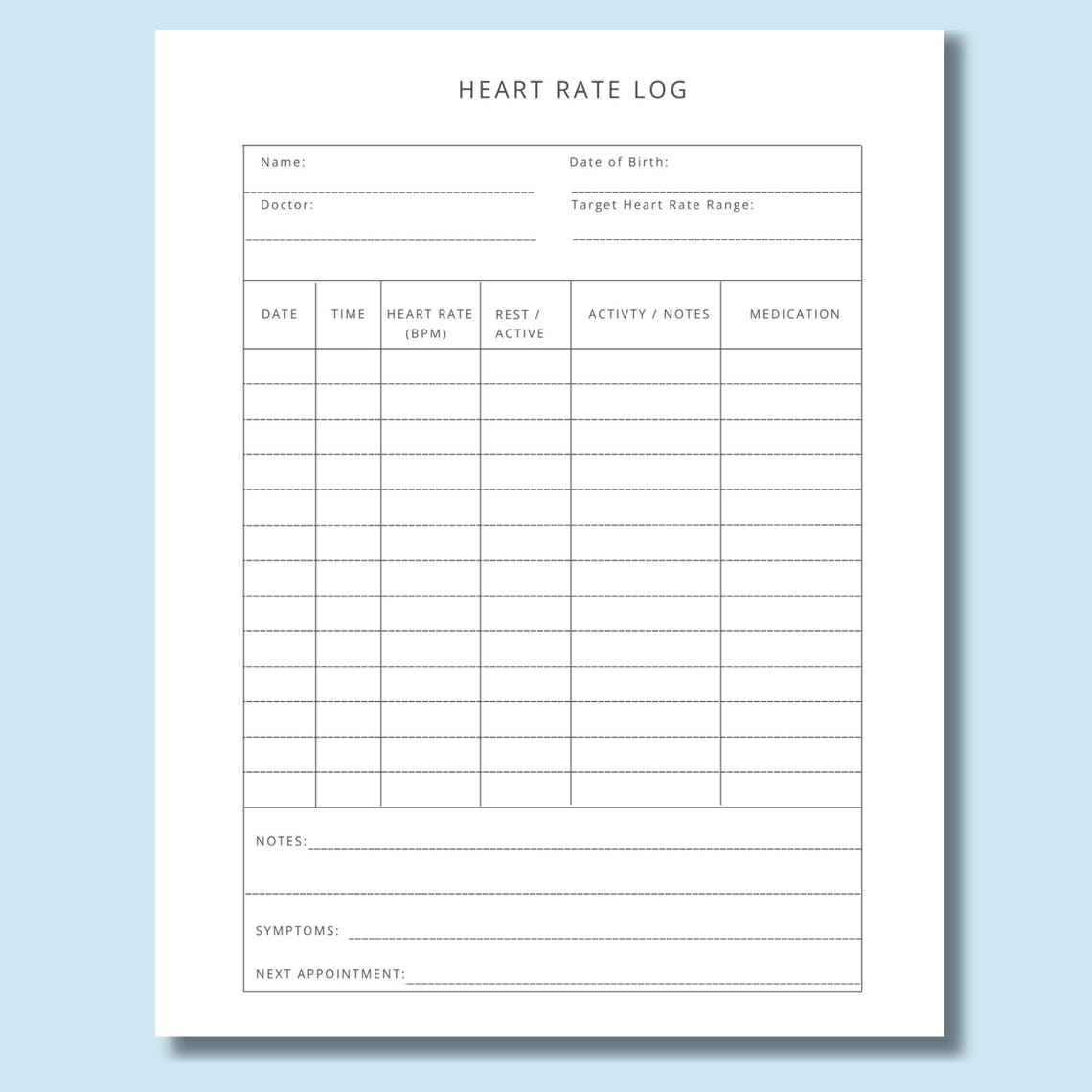 Heart Rate Log Printable Tracker BPM Record Sheet Medication Activity ...