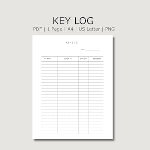 Può includere: Un foglio di registro chiavi bianco con il titolo "KEY LOG" in alto. Il foglio include colonne per il nome della chiave, a chi è stata rilasciata, l'ora di uscita e la restituzione. Il documento è disponibile nei formati PDF, A4, US Letter e PNG.