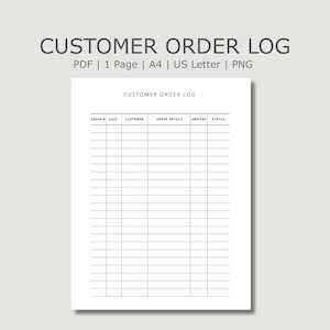 May include: A white digital customer order log template with black text and grid lines. The header reads CUSTOMER ORDER LOG, followed by columns for Order #, Date, Customer, Order Details, Amount, and Status. The document is labeled as PDF, 1 Page, A4, US Letter, and PNG.