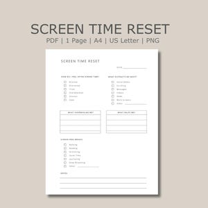 May include: A printable PDF worksheet titled "Screen Time Reset." The document includes sections to track feelings, distractions, and screen-free activities. The worksheet is designed to help manage screen time and promote well-being.