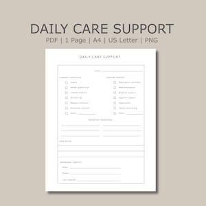Daily Care Support Printable | Simple Caregiver Notes and Support Sheet