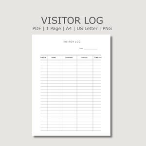 Peut inclure: Un registre des visiteurs blanc avec le titre "VISITOR LOG" en haut. Le registre comprend des champs pour l'heure d'arrivée, le nom, l'entreprise, le but et l'heure de départ. Le document est disponible en format PDF, 1 page, formats A4 et US Letter.