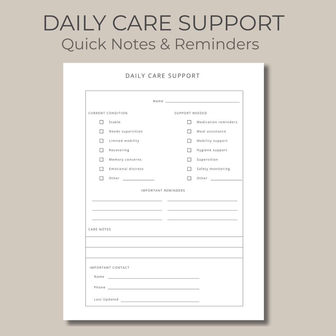 Daily Care Support Printable | Simple Caregiver Notes and Support Sheet ...