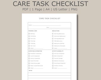 Lista de tareas de cuidado, registro de asistencia diaria, planificador del hogar, hoja de trabajo del cuidador, registro de actividades en PDF
