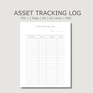 Puede incluir: Una plantilla digital de registro de seguimiento de activos con el texto ASSET TRACKING LOG en la parte superior, una línea de fecha y una tabla con columnas para Asset Item, Asset ID, Location y Status, disponible en PDF, A4, US Letter y PNG.