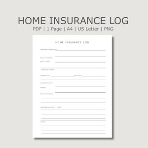 Home Insurance Log, Policy Coverage Sheet, Claim Information, Home Binder