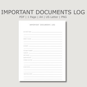 Belangrijke documenten Logtracker Organisator persoonlijke records Afdrukbaar blad
