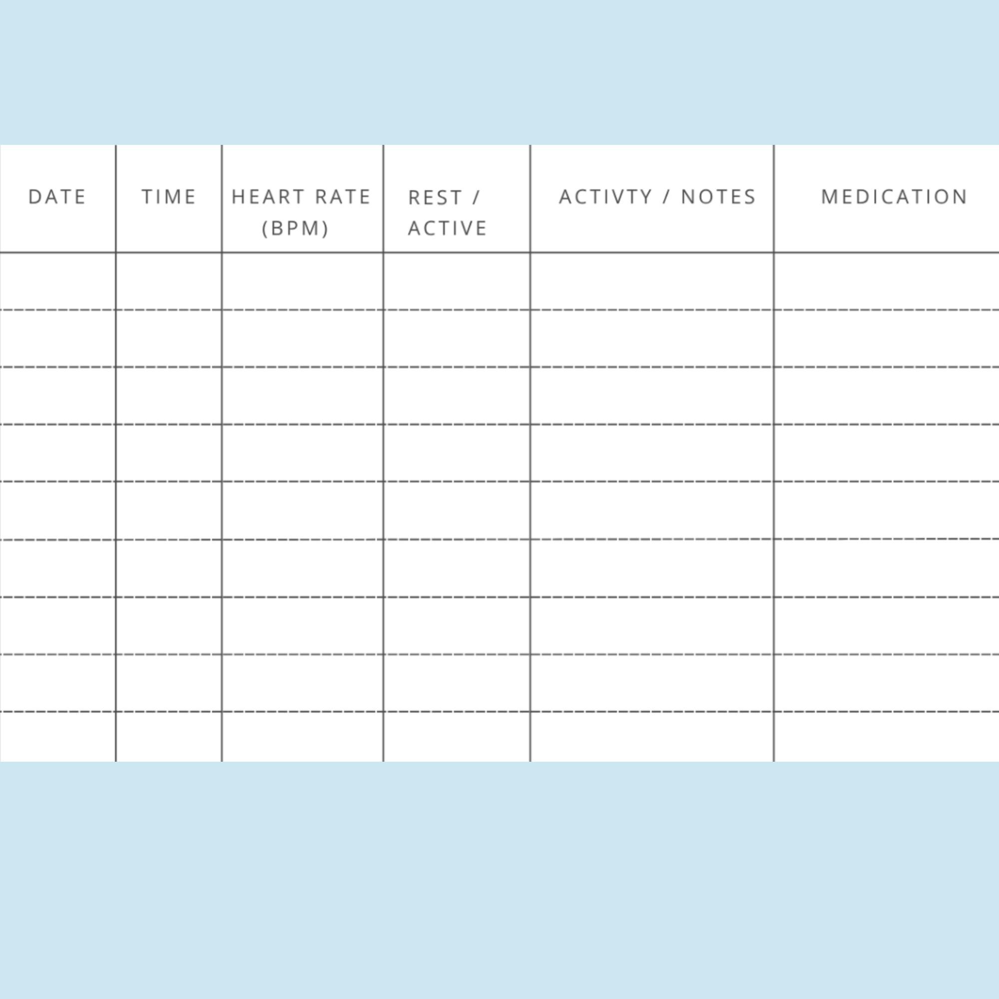 Heart Rate Log Printable Tracker BPM Record Sheet Medication Activity ...