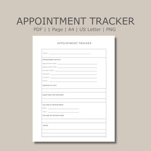 May include: A white printable appointment tracker document with black text. The form includes sections for Name, Appointment Details, Purpose of Visit, Questions for Provider, Follow-up Appointment, Follow-up Instructions, and Notes with lines.
