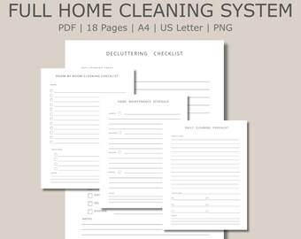 Huishoudelijk schoonmaaksysteem, checklist van 18 pagina's, dagelijkse, wekelijkse en maandelijkse routines, printbare planner