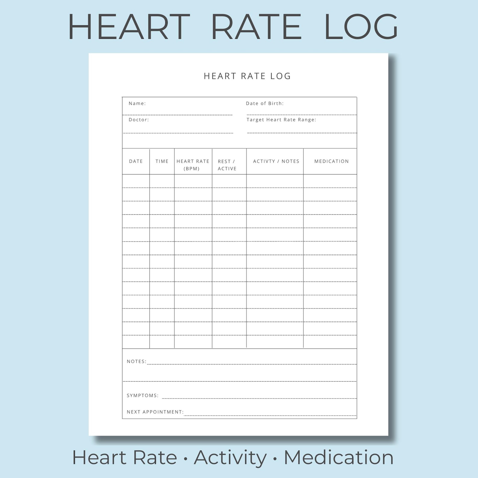 Log Heart Method Heart Rate Log Printable Tracker BPM Record Sheet Medication Activity ...