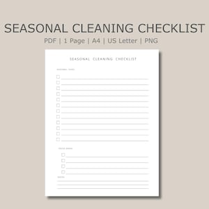 Checklist voor seizoensschoonmaak, planner voor een grondige opruiming van je huis, huishoudelijke taken, printbare organizer