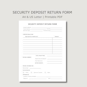 Security Deposit Return Form for Landlords, Itemized Deductions and Refund Summary, Rental  Printable PDF