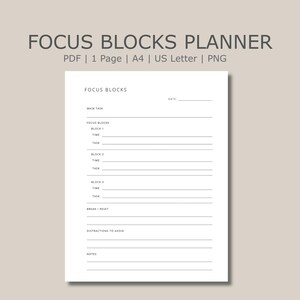 Fokusblockplaner, Zeitblock-Arbeitsblatt, Vorlage für konzentriertes Arbeiten zum Ausdrucken, Produktivitätsplan, Aufgabenorganisator