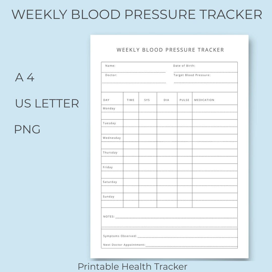 Weekly Blood Pressure Log Printable, BP Tracker Chart, Health ...