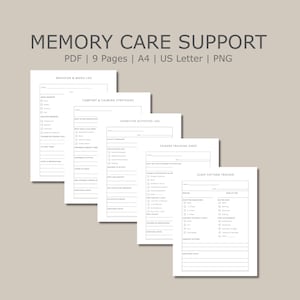 Può includere: Un set di cinque documenti stampabili bianchi intitolati Memory Care Support, che includono un registro del comportamento e dell'umore, strategie di conforto, registro delle attività cognitive, foglio di tracciamento e un tracker del sonno.