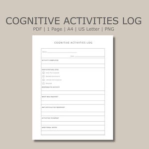 Peut inclure: Un document imprimable de journal d'activités cognitives blanc avec des champs pour le nom, la date, l'activité réalisée, le niveau de participation avec des cases à cocher, la réponse à l'activité, les plaisirs, les difficultés et notes.