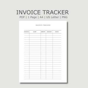 May include: A white digital invoice tracker template featuring black text and grid lines. The document includes headers for Invoice #, Client, Amount, Due Date, and Status. The top text reads INVOICE TRACKER, PDF | 1 Page | A4 | US Letter | PNG.
