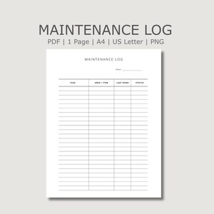 Könnte beinhalten: Ein weißes, druckbares Wartungsprotokoll mit dem Titel "MAINTENANCE LOG" oben. Das Protokoll enthält Felder für Aufgabe, Bereich/Artikel, zuletzt erledigt und Status. Das Dokument ist im PDF-Format, 1 Seite, A4- und US-Letter-Größe verfügbar.