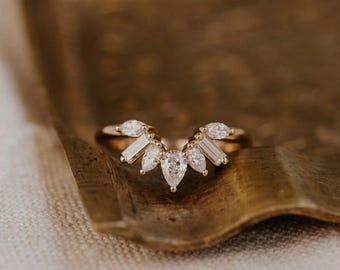 Curved Marquise Pear Baguette Moissanite Ring, Sterling Silver Nesting Band