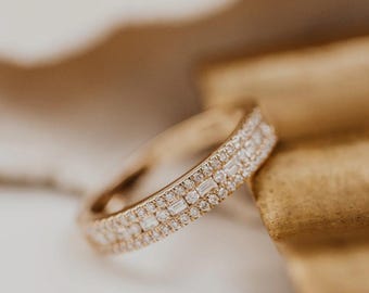 Triple Row Baguette and Pavé Moissanite Eternity Ring, Art Deco Statement Band