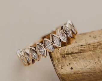 Sterling Silver Marquise Moissanite Eternity Band, Bezel Set Wedding Ring