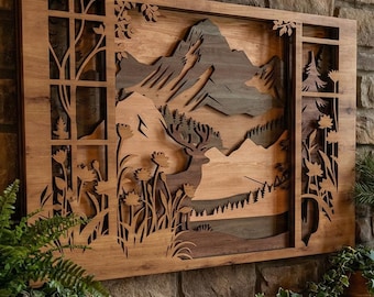 Laser Cut Files : Layered Deer Mountain SVG, DXF, Floral Panels, Forest Scene, Wildlife WallArt