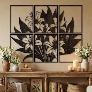 Laser Cut Files : Lily Flowers SVG, DXF, Vector, Template, Floral Decor, 6-Panel Wall Art