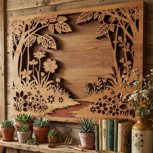Peut inclure: Une œuvre d'art murale en bois avec une scène de nature découpée au laser représentant des arbres et des fleurs. La pièce comprend une table en bois rustique avec des succulentes en pot, des livres et des outils de jardinage.