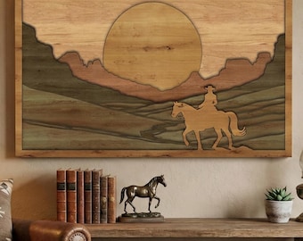 Archivos cortados con láser: Jinete en capas SVG, DXF, vector, plantilla, vaquero, atardecer, arte mural