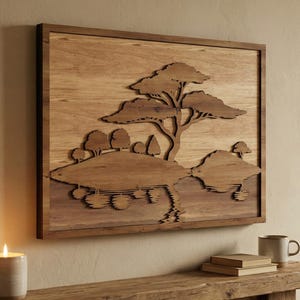 レーザーカットファイル：レイヤードツリーアイランドリフレクションSVG、DXF、ベクター、テンプレート、湖の風景