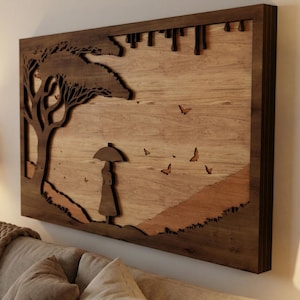 Archivos para corte láser: Chica con paraguas en capas (SVG, DXF, Vector, Plantilla, Mujer, Lluvia, Arte mural)